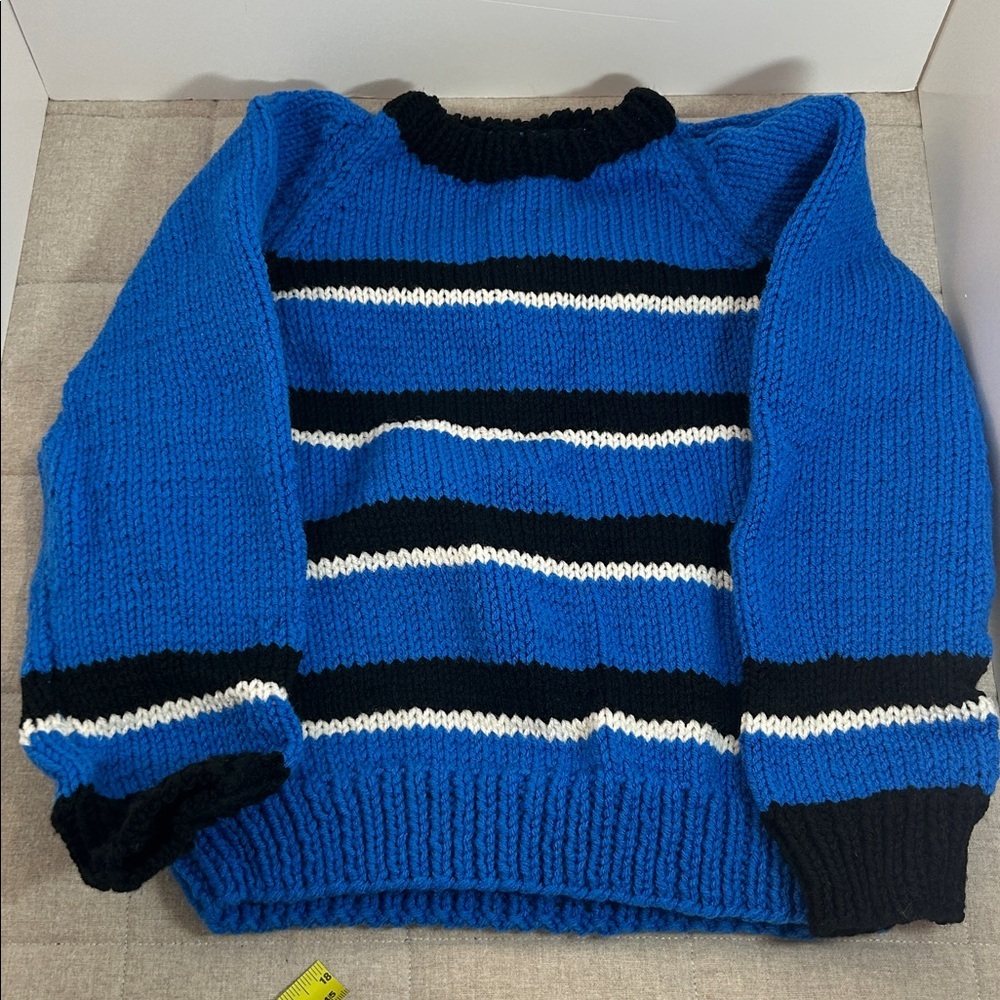 Hand made. Vintage. New. Blue and Black Striped Sweater